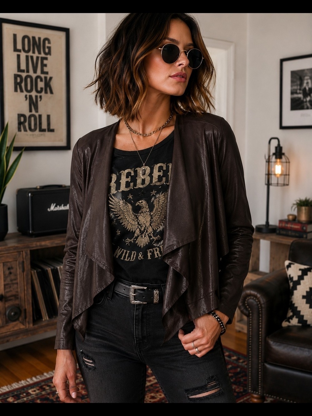 Knox Rose Women's Open Front Faux Leather Jacket/Cardigan – Size Small